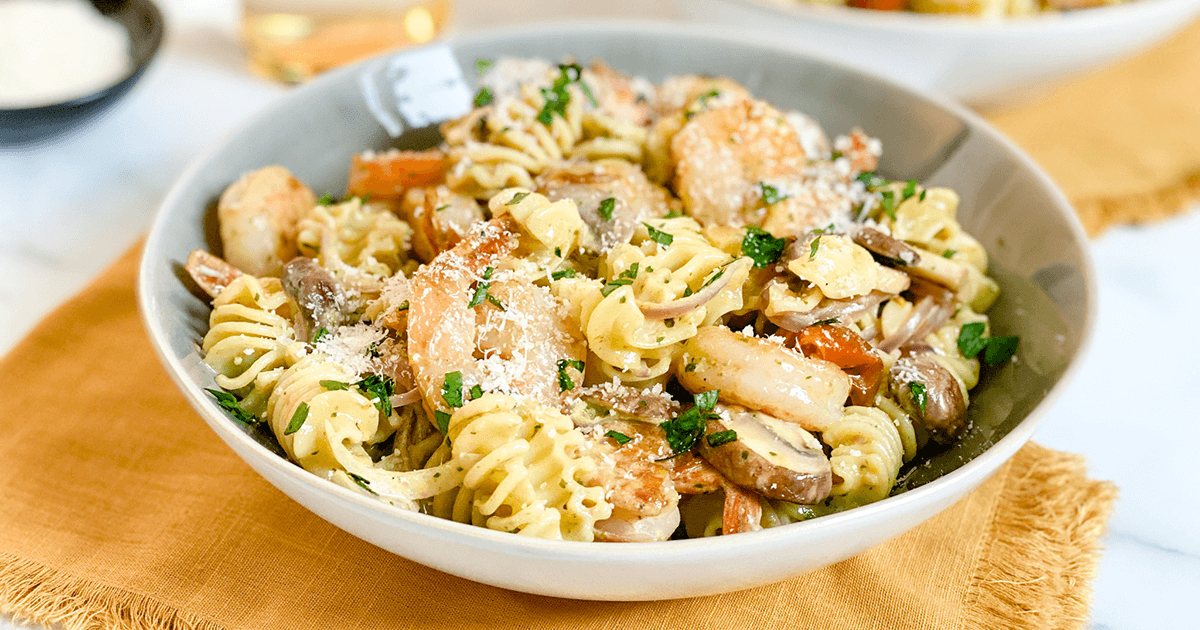 Pesto Shrimp with Radiatore Pasta - Cancer Nutrition Consortium